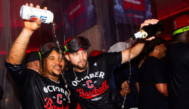 Sep 27, 2025: Cleveland Guardians third baseman Jose Ramirez (11) and starting pitcher Slade Cecconi (44) celebrate after the Guardians beat the Texas Rangers and clinched a playoff berth at Progressive Field.