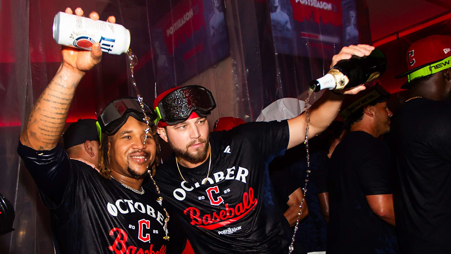 Sep 27, 2025: Cleveland Guardians third baseman Jose Ramirez (11) and starting pitcher Slade Cecconi (44) celebrate after the Guardians beat the Texas Rangers and clinched a playoff berth at Progressive Field.