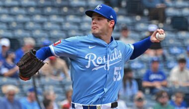 Apr 24, 2025; Kansas City, Missouri, USA;  Kansas City Royals starting pitcher Cole Ragans (55) throws a pitch in the first inning against the Colorado Rockies at Kauffman Stadium. Mandatory Credit: Peter Aiken-Imagn Images