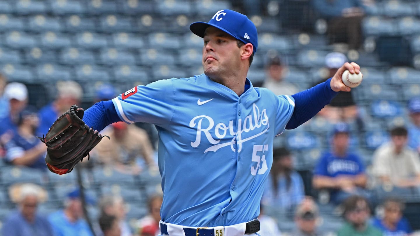 Apr 24, 2025; Kansas City, Missouri, USA;  Kansas City Royals starting pitcher Cole Ragans (55) throws a pitch in the first inning against the Colorado Rockies at Kauffman Stadium. Mandatory Credit: Peter Aiken-Imagn Images
