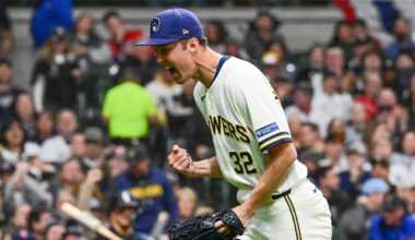 Mar 26, 2026; Milwaukee, Wisconsin, USA; Milwaukee Brewers starting pitcher Jacob Misiorowski (32) reacts after pitching against the Chicago White Sox at American Family Field. Mandatory Credit: Benny Sieu-Imagn Images