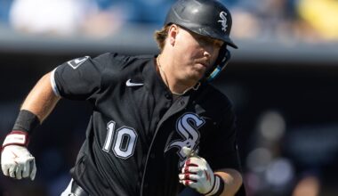 Feb 27, 2026; Phoenix, Arizona, USA; Chicago White Sox second baseman Chase Meidroth against the Milwaukee Brewers during a spring training game at American Family Fields of Phoenix. Mandatory Credit: Mark J. Rebilas-Imagn Images