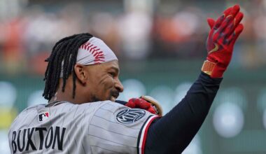 Mar 26, 2026; Baltimore, Maryland, USA; Minnesota Twins outfielder Byron Buxton (25) gestures towards teammates following his triple during the eighth inning against the Baltimore Orioles at Oriole Park at Camden Yards. Mandatory Credit: Mitch Stringer-Imagn Images