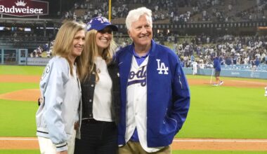 Mar 26, 2026; Los Angeles, California, USA; Los Angeles Dodgers owner Mark Walter (right) poses with wife Kimbra Walter (left) and daughter Samantha Walter (center) after the game against the Arizona Diamondbacks at Dodger Stadium. Mandatory Credit: Kirby Lee-Imagn Images
