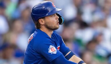 Mar 17, 2026; Mesa, Arizona, USA; Chicago Cubs second baseman Nico Hoerner against the Los Angeles Angels during a spring training game at Sloan Park. Mandatory Credit: Mark J. Rebilas-Imagn Images