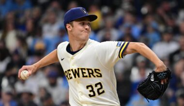 Mar 26, 2026; Milwaukee, Wisconsin, USA; Milwaukee Brewers starting pitcher Jacob Misiorowski (32) throws a pitch in the first inning against the Chicago White Sox at American Family Field. Mandatory Credit: Benny Sieu-Imagn Images