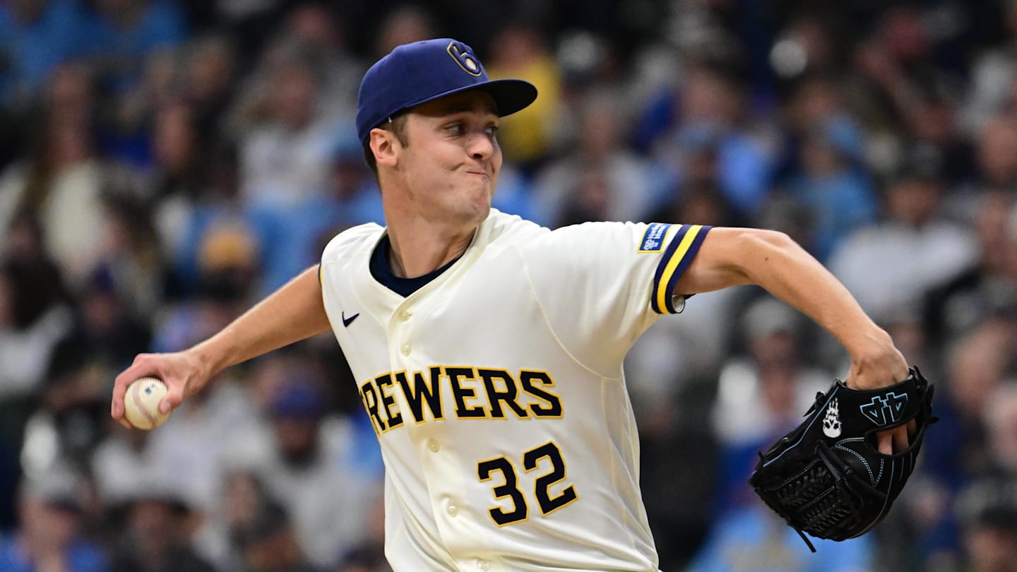 Mar 26, 2026; Milwaukee, Wisconsin, USA; Milwaukee Brewers starting pitcher Jacob Misiorowski (32) throws a pitch in the first inning against the Chicago White Sox at American Family Field. Mandatory Credit: Benny Sieu-Imagn Images