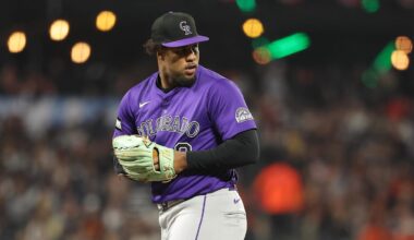 Sep 26, 2025; San Francisco, California, USA; Colorado Rockies relief pitcher Jaden Hill (0) looks over his shoulder during the fifth inning at Oracle Park. Mandatory Credit: Kelley L Cox-Imagn Images