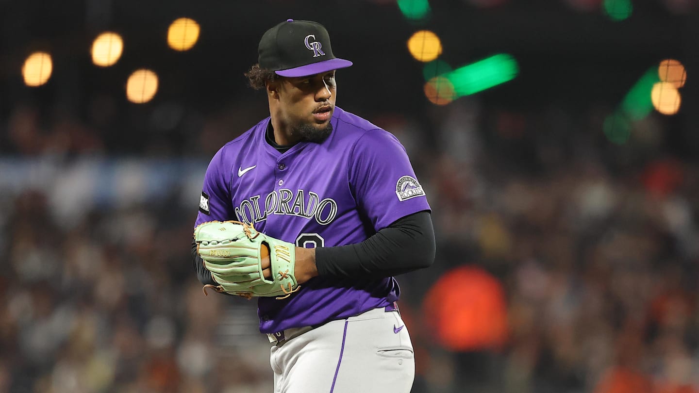 Sep 26, 2025; San Francisco, California, USA; Colorado Rockies relief pitcher Jaden Hill (0) looks over his shoulder during the fifth inning at Oracle Park. Mandatory Credit: Kelley L Cox-Imagn Images