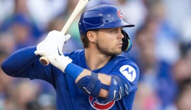 Mar 17, 2026; Mesa, Arizona, USA; Chicago Cubs second baseman Nico Hoerner against the Los Angeles Angels during a spring training game at Sloan Park. Mandatory Credit: Mark J. Rebilas-Imagn Images