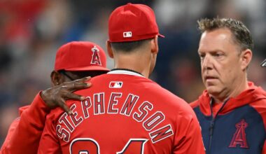 May 30, 2025; Cleveland, Ohio, USA; Los Angeles Angels relief pitcher Robert Stephenson (24) is looked at by a trainer after being injured during the seventh inning against the Cleveland Guardians at Progressive Field. Mandatory Credit: Ken Blaze-Imagn Images