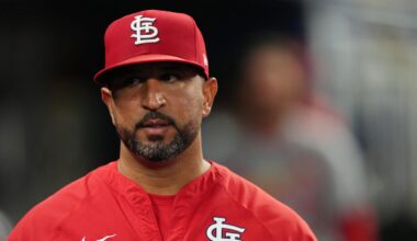 Aug 19, 2025; Miami, Florida, USA;  St. Louis Cardinals manager Oliver Marmol (37) looks on from the dugout during the game against against the Miami Marlins at loanDepot Park. Mandatory Credit: Jim Rassol-Imagn Images