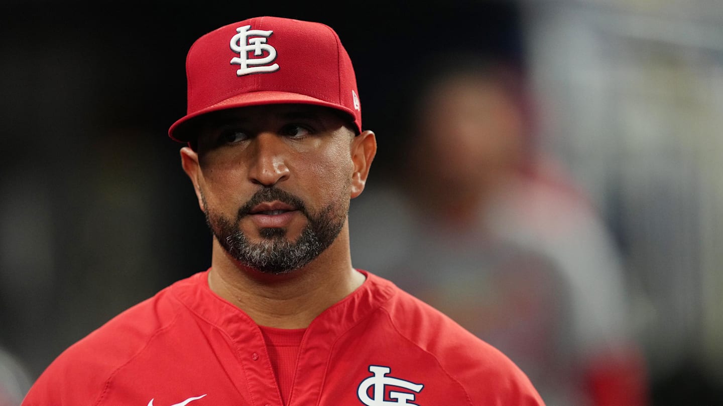 Aug 19, 2025; Miami, Florida, USA;  St. Louis Cardinals manager Oliver Marmol (37) looks on from the dugout during the game against against the Miami Marlins at loanDepot Park. Mandatory Credit: Jim Rassol-Imagn Images