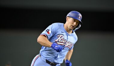 Sep 21, 2025; Arlington, Texas, USA; Texas Rangers left fielder Wyatt Langford (36) rounds the bases after he hits a home run against the Miami Marlins during the sixth inning at Globe Life Field. Mandatory Credit: Jerome Miron-Imagn Images