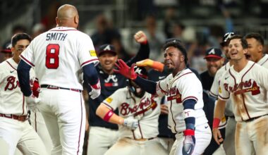 Mar 28, 2026; Cumberland, Georgia, USA; Atlanta Braves first baseman Dominic Smith (8) hits a walk-off grand slam against the Kansas City Royals in the ninth inning at Truist Park. Mandatory Credit: Mady Mertens-Imagn Images