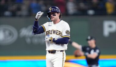 Milwaukee Brewers second baseman Brice Turang (2) doubles to center during the first inning of the Opening Day game against the Chicago White Sox on Thursday March 26, 2026 at American Family Field in Milwaukee, Wisconsin.
