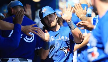 Mar 10, 2026; Dunedin, Florida, USA;  Toronto Blue Jays third baseman Addison Barger (47) celebrates after scoring during the fourth inning against the Atlanta Braves at TD Ballpark. Mandatory Credit: Kim Klement Neitzel-Imagn Images