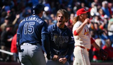 Mar 28, 2026; St. Louis, Missouri, USA; Tampa Bay Rays shortstop Carson Williams (7) celebrates with third baseman Ben Williamson (15) after scoring the game tying run against the St. Louis Cardinals during the ninth inning at Busch Stadium. Mandatory Credit: Jeff Curry-Imagn Images
