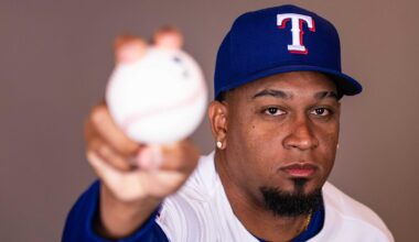 Feb 17, 2026; Surprise, AZ, USA; Texas Rangers pitcher Alexis Diaz during media day at Surprise Sports Complex. Mandatory Credit: Arianna Grainey-Imagn Images