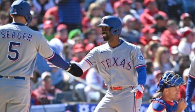 Mar 29, 2026; Philadelphia, Pennsylvania, USA; Texas Rangers center fielder Andrew McCutchen (4) celebrates his three-run home run with shortstop Corey Seager (5) against the Philadelphia Phillies during the third inning at Citizens Bank Park. Mandatory Credit: Eric Hartline-Imagn Images