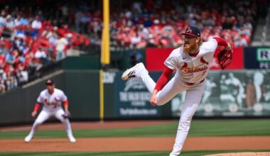 Mar 29, 2026; St. Louis, Missouri, USA; St. Louis Cardinals starting pitcher Dustin May (3) pitches against the Tampa Bay Rays during the first inning at Busch Stadium. Mandatory Credit: Jeff Curry-Imagn Images