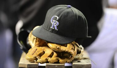 Jul 7, 2014; Denver, CO, USA; General view of a Colorado Rockies cap and glove in the seventh inning against the San Diego Padres at Coors Field. Mandatory Credit: Ron Chenoy-Imagn Images