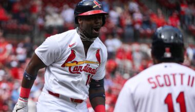 Mar 29, 2026; St. Louis, Missouri, USA; St. Louis Cardinals right fielder Jordan Walker (18) reacts after hitting a two run home run against the Tampa Bay Rays during the fourth inning at Busch Stadium. Mandatory Credit: Jeff Curry-Imagn Images