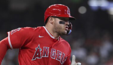 Mar 29, 2026; Houston, Texas, USA; Los Angeles Angels designated hitter Mike Trout (27) runs to first base on a single during the third inning against the Houston Astros at Daikin Park. Mandatory Credit: Troy Taormina-Imagn Images