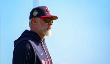 Manager Derek Shelton walks near the dugout during the Minnesota Twins first full-squad workout of spring training at Lee Health Sports Complex in Fort Myers, Fla., on Monday, Feb. 16, 2026.