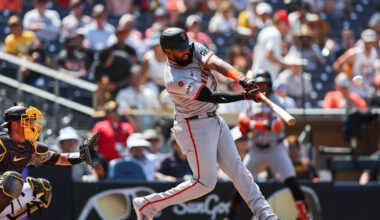 Sep 8, 2024; San Diego, California, USA; San Francisco Giants right fielder Jerar Encarnacion (59) hits a three run home run during the fourth inning against the San Diego Padres at Petco Park. Mandatory Credit: Chadd Cady-Imagn Images