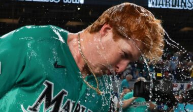 Mar 29, 2026; Miami, Florida, USA; Miami Marlins right fielder Owen Caissie (17) is doused with water after hitting a two-run walk-off home run against the Colorado Rockies during the ninth inning at loanDepot Park. Mandatory Credit: Sam Navarro-Imagn Images