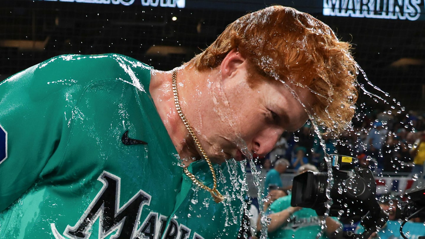 Mar 29, 2026; Miami, Florida, USA; Miami Marlins right fielder Owen Caissie (17) is doused with water after hitting a two-run walk-off home run against the Colorado Rockies during the ninth inning at loanDepot Park. Mandatory Credit: Sam Navarro-Imagn Images