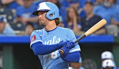 May 10, 2025; Kansas City, Missouri, USA;  Kansas City Royals center fielder Drew Waters (8) at bat in the seventh inning against the Boston Red Sox at Kauffman Stadium. Mandatory Credit: Peter Aiken-Imagn Images