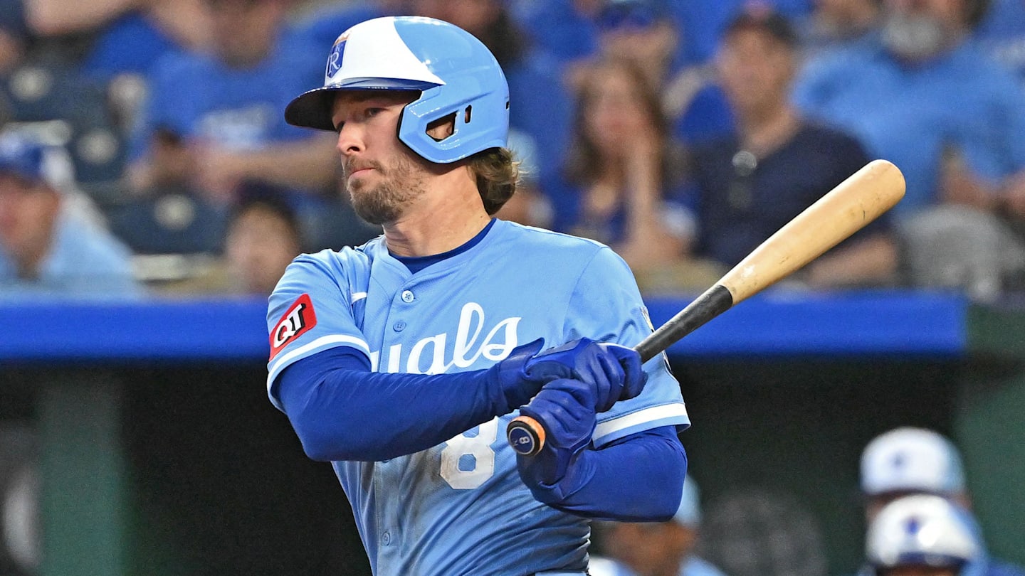 May 10, 2025; Kansas City, Missouri, USA;  Kansas City Royals center fielder Drew Waters (8) at bat in the seventh inning against the Boston Red Sox at Kauffman Stadium. Mandatory Credit: Peter Aiken-Imagn Images