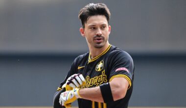 Aug 12, 2025; Milwaukee, Wisconsin, USA;  Pittsburgh Pirates right fielder Bryan Reynolds (10) reacts after being called out on strikes in the first inning against the Milwaukee Brewers at American Family Field. Mandatory Credit: Benny Sieu-Imagn Images