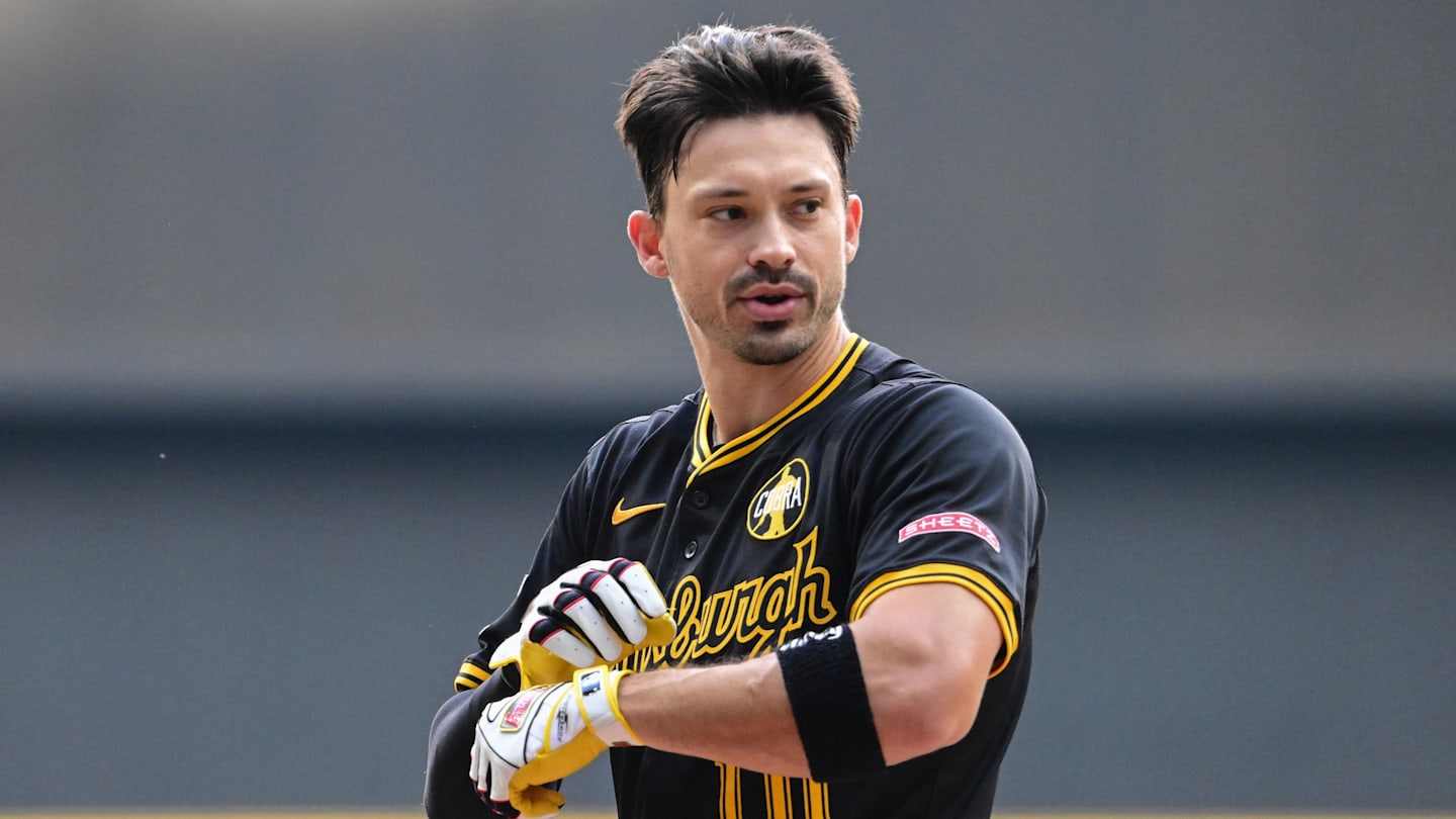 Aug 12, 2025; Milwaukee, Wisconsin, USA;  Pittsburgh Pirates right fielder Bryan Reynolds (10) reacts after being called out on strikes in the first inning against the Milwaukee Brewers at American Family Field. Mandatory Credit: Benny Sieu-Imagn Images