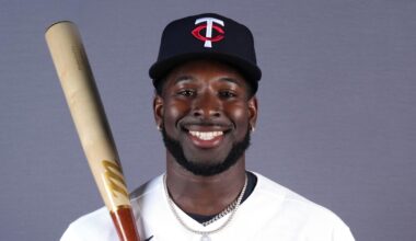 Feb 19, 2026; Lee County, FL, USA;  Minnesota Twins shortstop Kaelen Culpepper (76) poses during photo day at Hammond Stadium. Mandatory Credit: Jim Rassol-Imagn Images