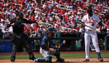 Mar 29, 2026; St. Louis, Missouri, USA; St. Louis Cardinals right fielder Jordan Walker (18) is called out on strikes by umpire Nestor Ceja (33) during the sixth inning against the Tampa Bay Rays at Busch Stadium. Mandatory Credit: Jeff Curry-Imagn Images