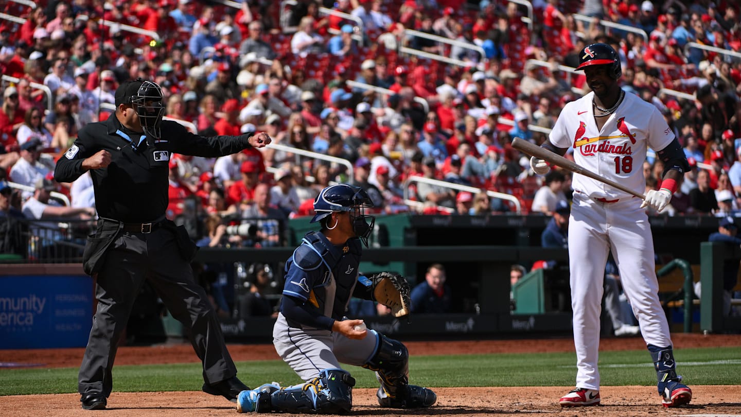 Mar 29, 2026; St. Louis, Missouri, USA; St. Louis Cardinals right fielder Jordan Walker (18) is called out on strikes by umpire Nestor Ceja (33) during the sixth inning against the Tampa Bay Rays at Busch Stadium. Mandatory Credit: Jeff Curry-Imagn Images