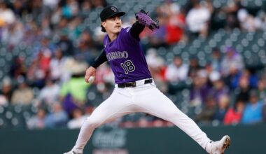 Apr 28, 2025; Denver, Colorado, USA; Colorado Rockies starting pitcher Ryan Feltner (18) pitches in the first inning against the Atlanta Braves at Coors Field. Mandatory Credit: Isaiah J. Downing-Imagn Images