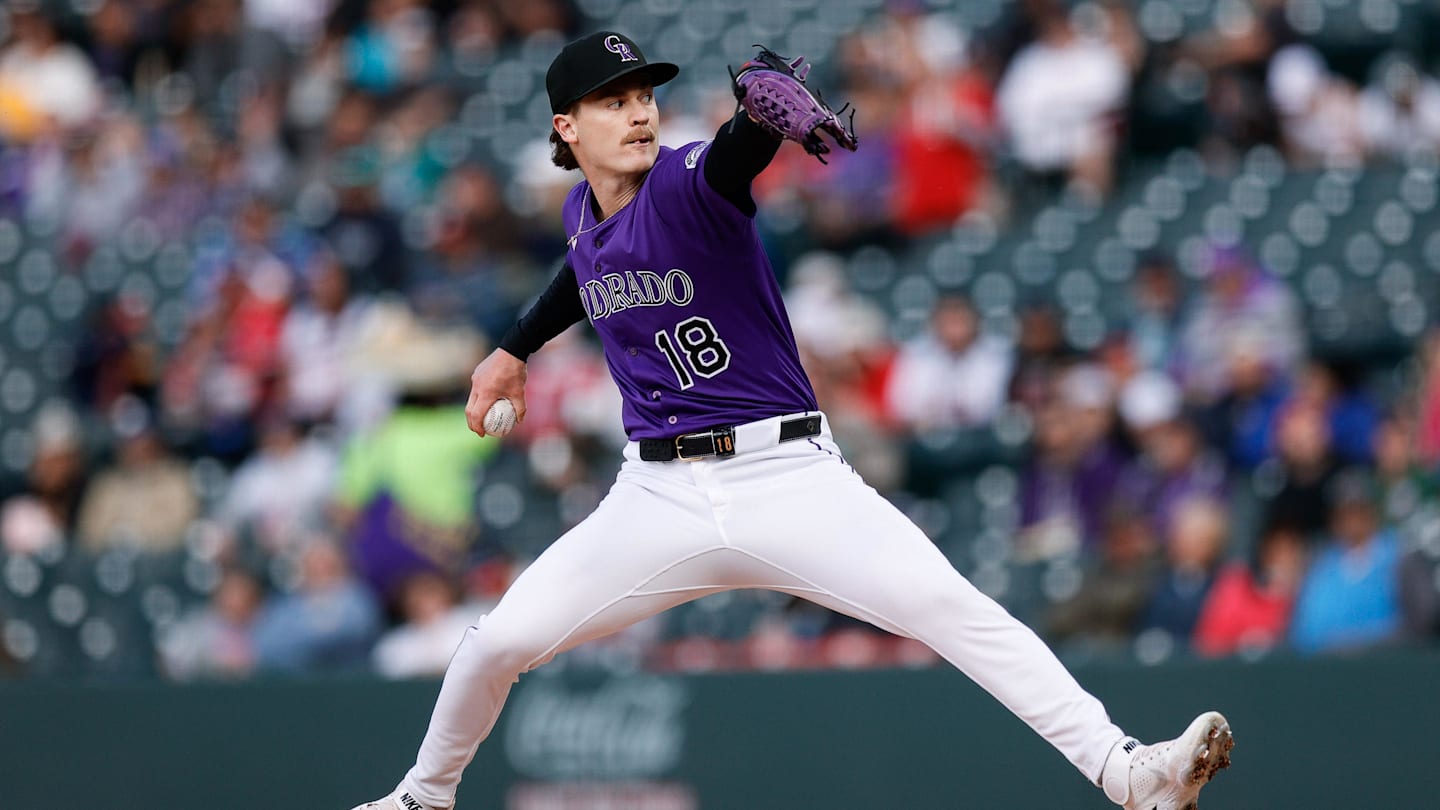 Apr 28, 2025; Denver, Colorado, USA; Colorado Rockies starting pitcher Ryan Feltner (18) pitches in the first inning against the Atlanta Braves at Coors Field. Mandatory Credit: Isaiah J. Downing-Imagn Images