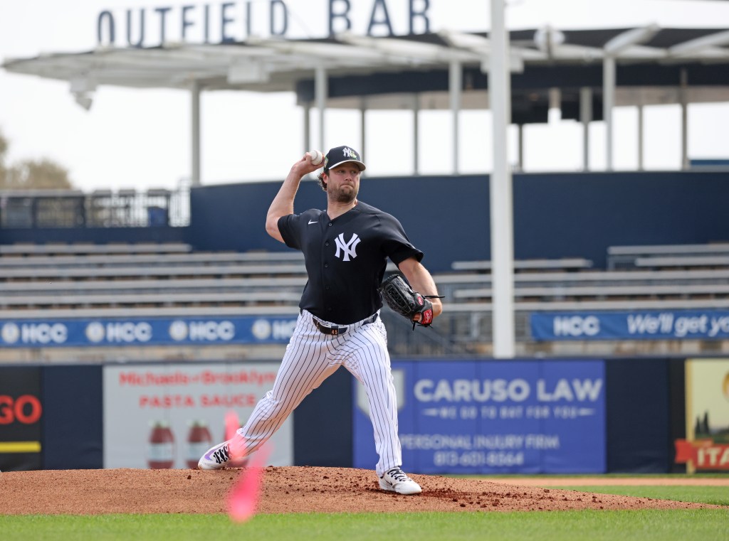 New York Yankees pitcher Gerrit Cole #45, throwing live batting practice during a workout at Steinbrenner Field in Tampa, Florida.