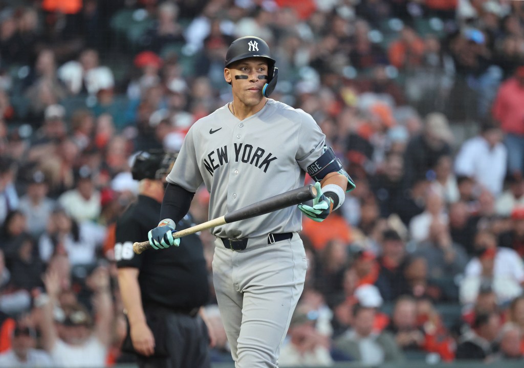 Aaron Judge of the New York Yankees reacts after striking out for the fourth time.