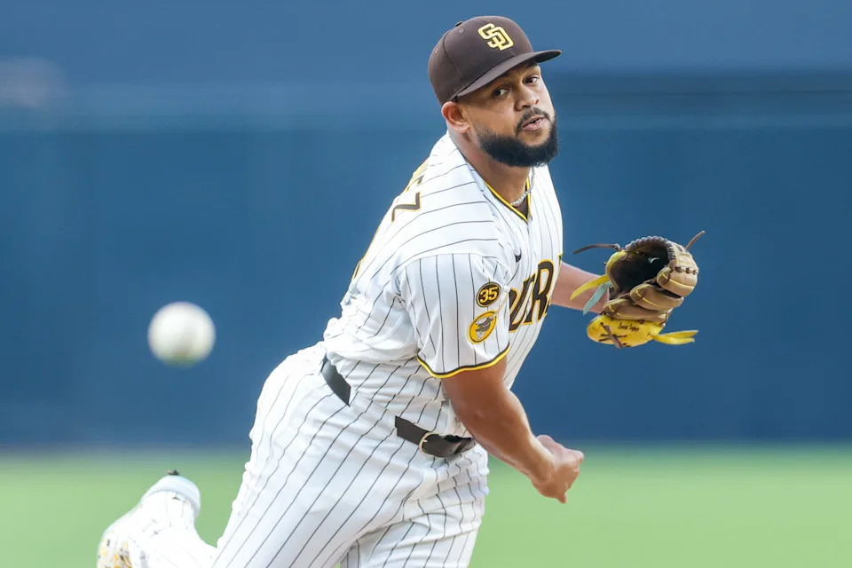 San Diego Padres starting pitcher Randy Vasquez (98) throws a pitch during the first inning against the Detroit Tigers at Petco Park in San Diego on Saturday, March 28, 2026.