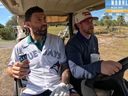 Former NHLer Paul Bissonnette and Toronto Blue Jays' Ernie Clement ride in a golf cart.