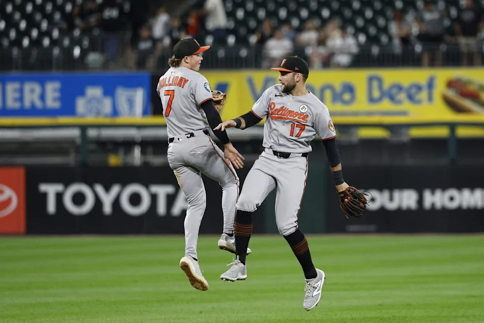 Baltimore Orioles second baseman Jackson Holliday (7) and outfielder Colton Cowser (17). © Kamil Krzaczynski-Imagn Images