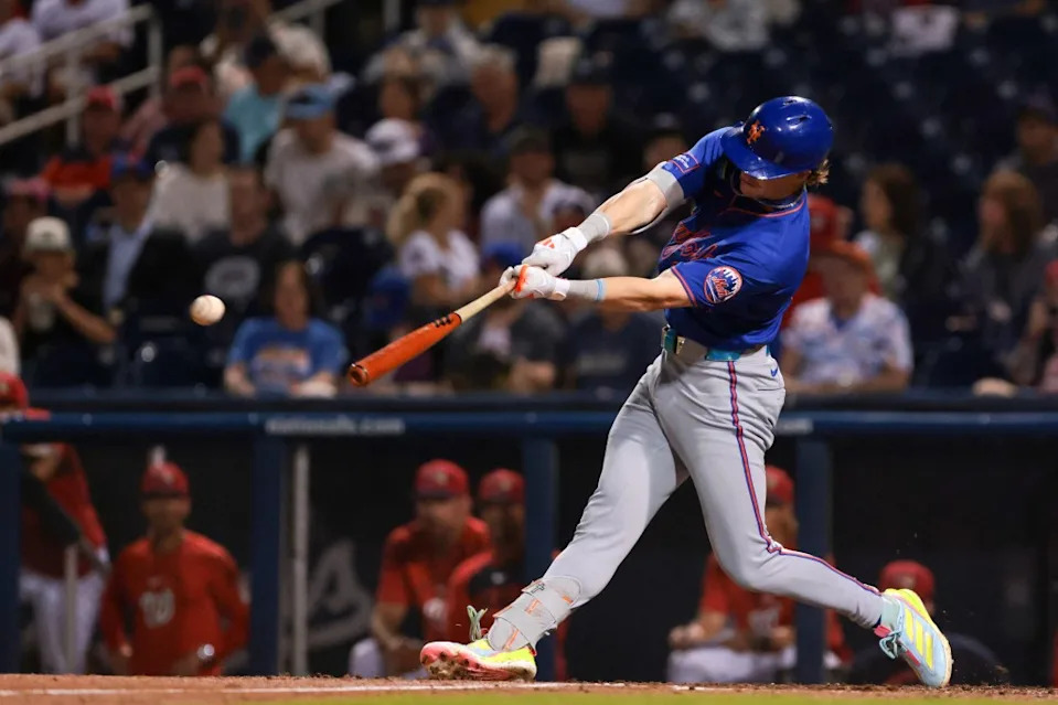 Carson Benge hits an RBI single during the Mets’ March 13 game. IMAGN IMAGES via Reuters Connect