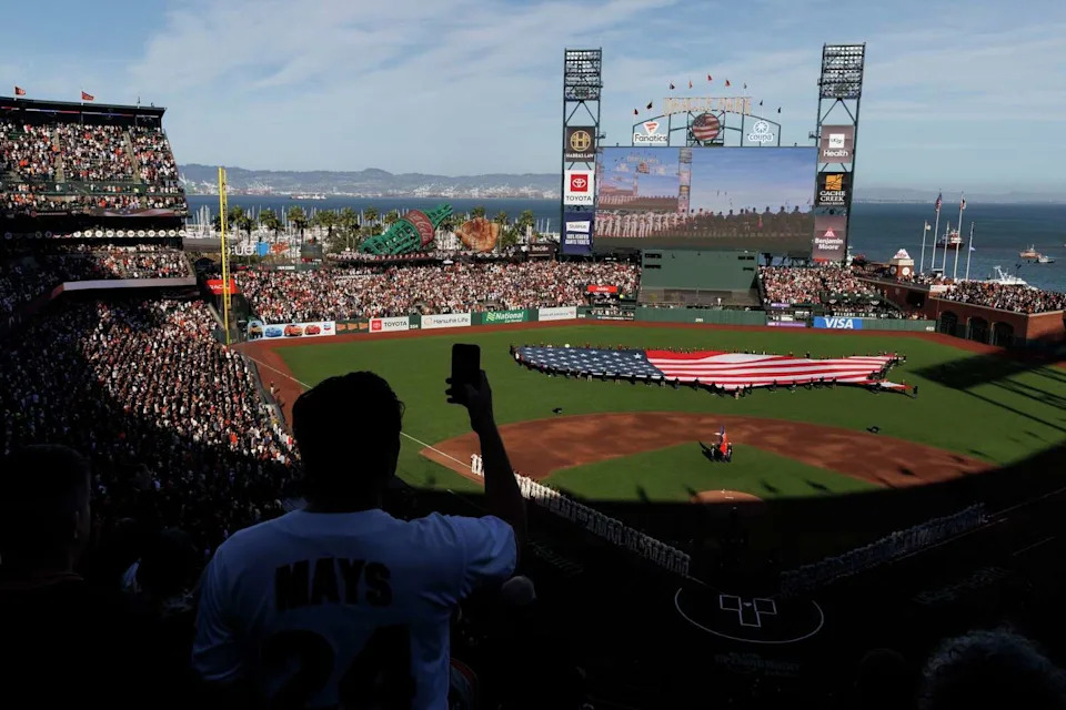 The playing of the national anthem for the MLB Opening Night game between the San Francisco Giants and the New York Yankees at Oracle Park in San Francisco, Wednesday, March 25, 2026. (Santiago Mejia/S.F. Chronicle)