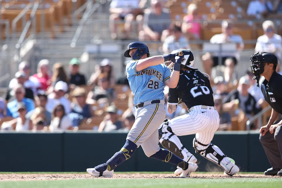 Andrew Vaughn of the Brewers is shown during a spring training game against the Chicago White Sox on Feb. 22. Vaughn went 3 for 3 at the plate on Saturday, Feb. 28, against the Reds.