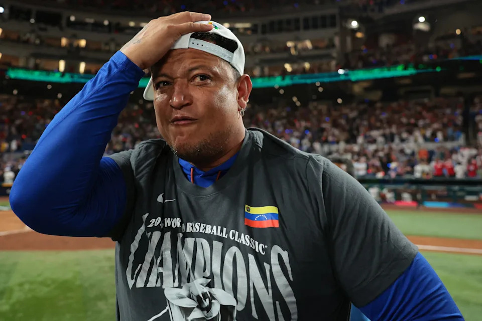 Venezuela hitting coach Miguel Cabrera (24) reacts after defeating the United States during the 2026 World Baseball Classic Championship game at loanDepot Park.